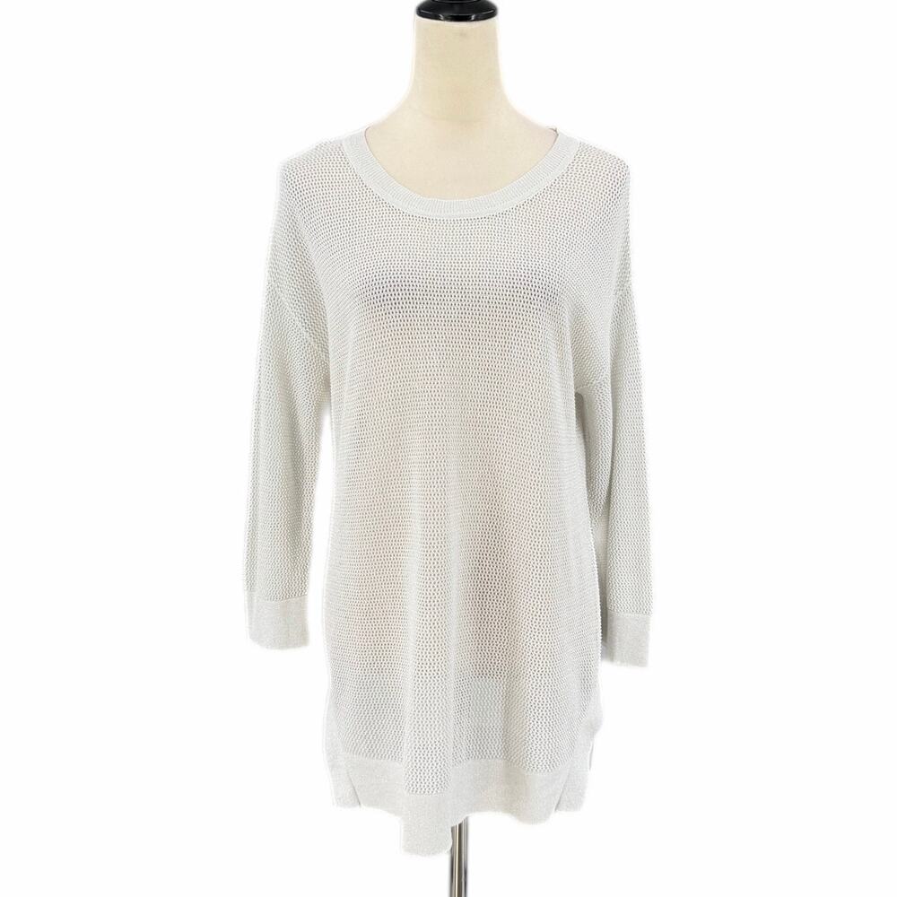 Tribal White Silver Metallic Open Knit Casual Sparkle Lightweight Chic Sweater